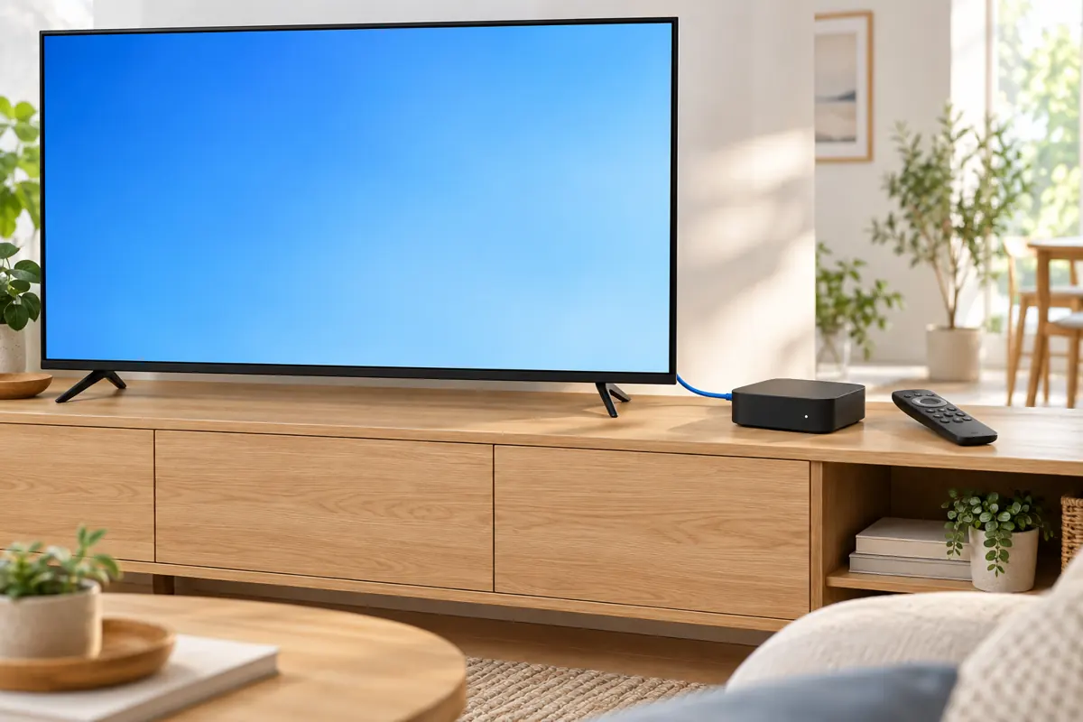 Télévision à écran bleu, boîtier IPTV générique et télécommande sur un meuble clair