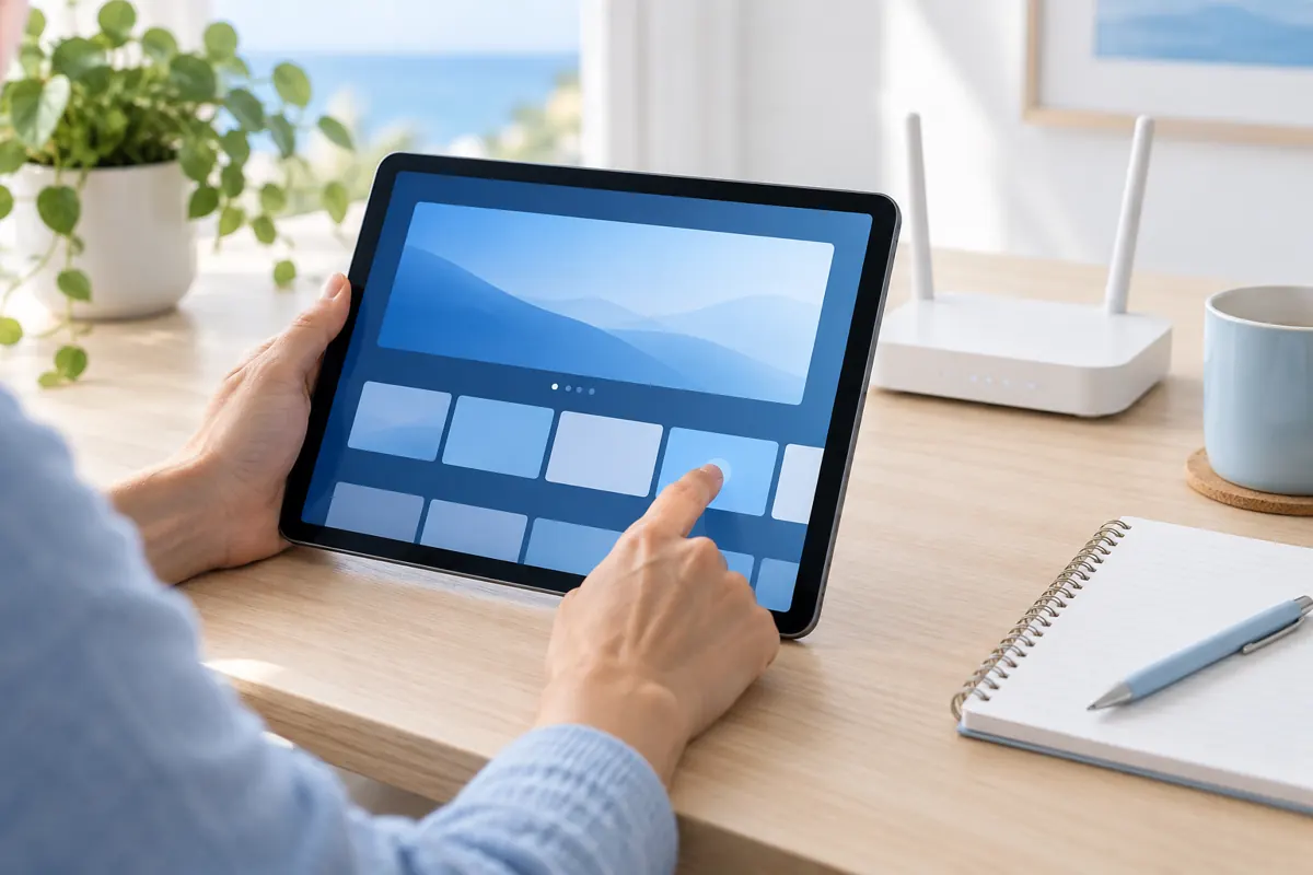 Des mains préparent une tablette à interface générique près d’un routeur Wi-Fi